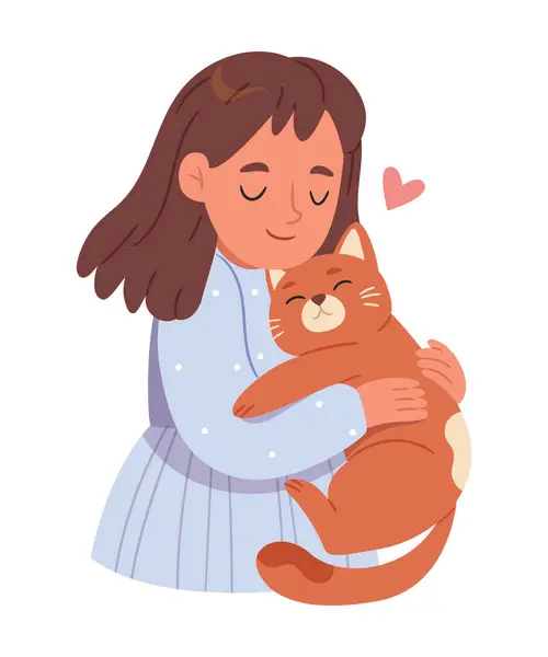 stock vector Smiling kid, holding adorable pet red cat . Child cartoon character with cat. Childhood domestic animal kitty.Hug Day.