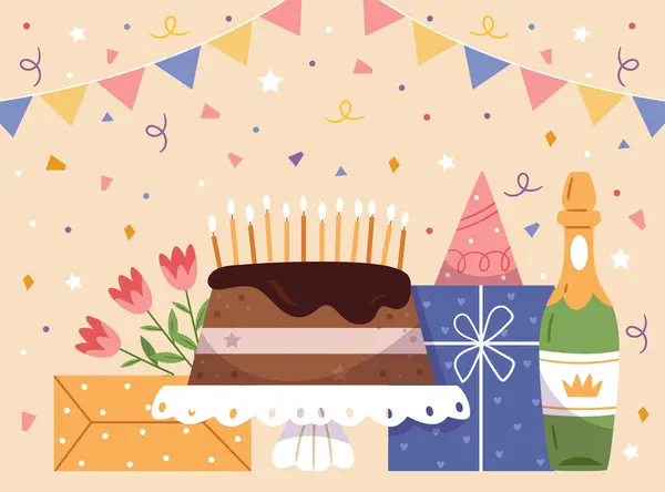 Doğum günü pastası, hediyeler, şampanya ve çelenkler. Doğum günün kutlu olsun, tatil kartı tasarımı..
