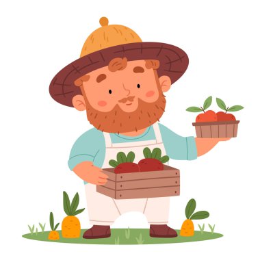 Çizgi film stili kızıl sakallı şirin çiftçi ellerinde hasatı tutuyor. Ahşap kutuda organik hasatı olan mutlu çiftlik işçisi..