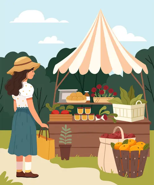 Saman sepetli bir kız marketten organik ürünler, sebzeler ve meyveler seçiyor..