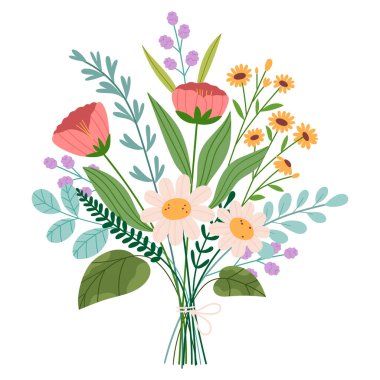 Bir buket yabani çiçek. Çiçekli çiçek aranjmanı, iplikle bağlanmış güzel çiçekler. Beyaz arkaplanda izole edilmiş düz vektör çizimi.
