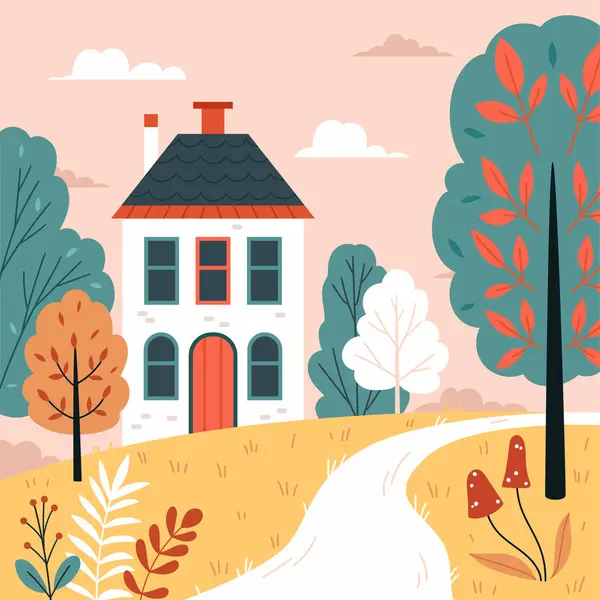 Güzel bir sonbahar evi. Sonbahar manzarası, kırsal manzara, sonbahar havası. Kırsal evler, rahat kır evleri çizimi. Düz vektör el çizimi.