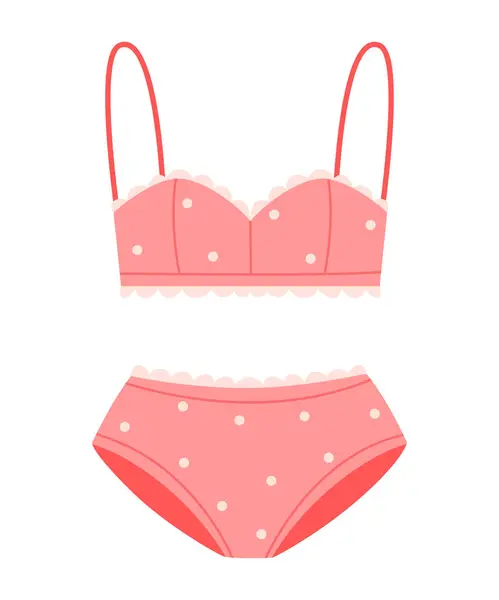 Beyaz puantiyeli pembe mayo. Modern plaj mayosu, kadın mayosu. Düz vektör çizimi beyaz arkaplanda izole edildi