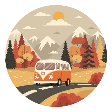 Hippi seyahat otobüsü sonbahar manzarası boyunca gider. Yuvarlak çizim. Yolculuk konsepti. Düz biçimli vektör illüstrasyonu