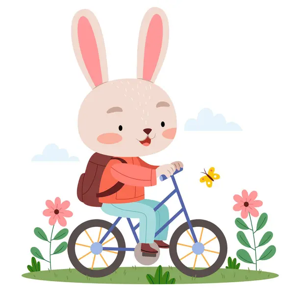 Okul çantasıyla okula bisikletle giden, çiçeklerin arasında gülümseyen sevimli çizgi film tavşanı. Hayvanlar okula geri dönüyor.. 