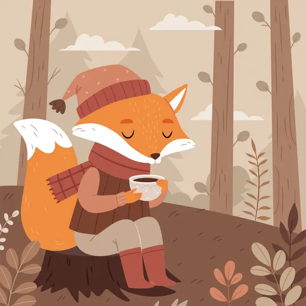 Güzel elbiseli bir tilki sonbahar ormanının ortasında çay, kahve ya da kakao içer. Vektör illüstrasyonu.