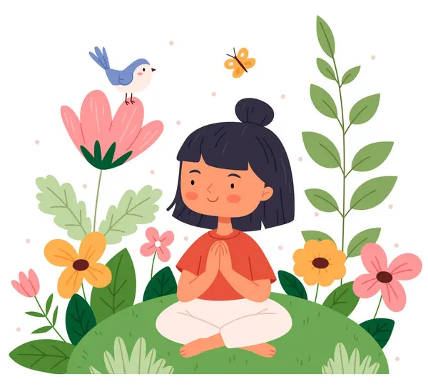 Bir kız kuşlar ve çiçekler arasında meditasyon yapıyor. Çizgi film kızı, Lotus pozisyonunda, ağaçlı huzurlu bir manzara..