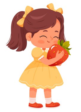Tatlı kız büyük bir çileğe sarılıyor. Kız böğürtlenleri, meyveleri ve sağlıklı yiyecekleri seviyor. Bir yaz modunda barışçıl ve dostane bir illüstrasyon. Çocuk kitabı için resim. Basit El çizimi..