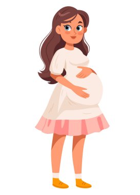 Güzel, pembe elbiseli hamile bir kadın. Annelik ve aile kavramı. Hamilelik, doğum hazırlığı için mallar.. 