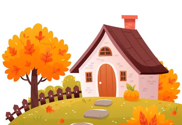 Güzel bir sonbahar evi. Sonbahar manzarası, kırsal manzara, sonbahar havası. Kırsal evler, rahat kır evleri çizimi. Çizgi film vektör eli çizimi.