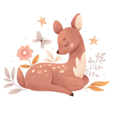 Şirin bir geyik, çiçeklerin ve kelebeklerin ortasında boho tarzında oturur. Beyaz arka planda izole edilmiş bebek partisi için suluboya resimler.