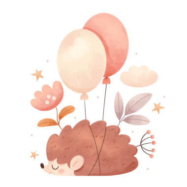 Boho tarzında doğum günü hediyesi olarak topları ve çiçekleri olan şirin kirpi. Beyaz arka planda izole edilmiş bebek partisi için suluboya resimler.