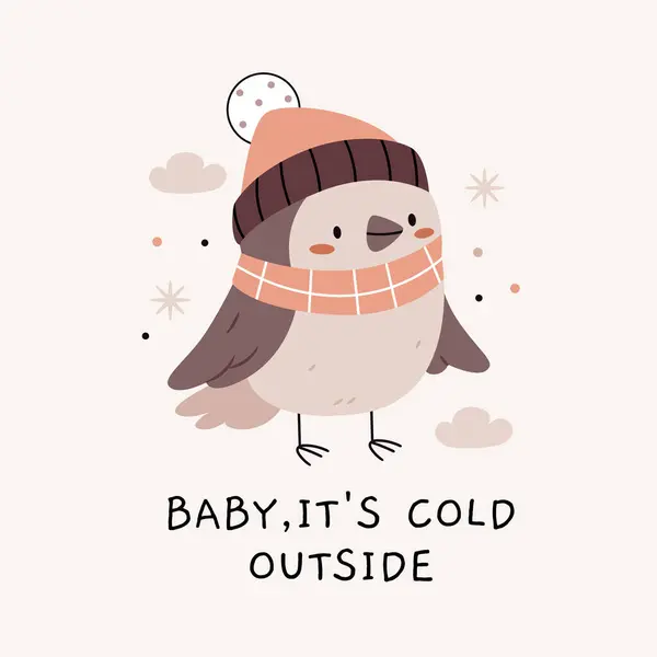 Eşarplı ve şapkalı bir kuş. Mesaj at. Bebeğim dışarısı soğuk. Sevimli çizgi film Bohem İskandinav bebek odası posterleri bej ve gri renklerde. Boho vektör baskısı