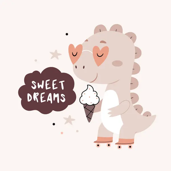 Patenli dondurma yiyen dinozor. Tatlı rüyalar mesajı at. Bej rengi gri renkli şirin Bohem çocuk odası posterleri. Boho vektör baskısı