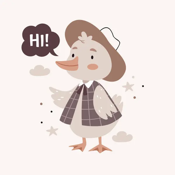 Antika elbiseli kaz. Mesaj. Merhaba. Bej ve gri renkli şirin çizgi film Bohem çocuk odası posterleri. Boho vektör baskısı