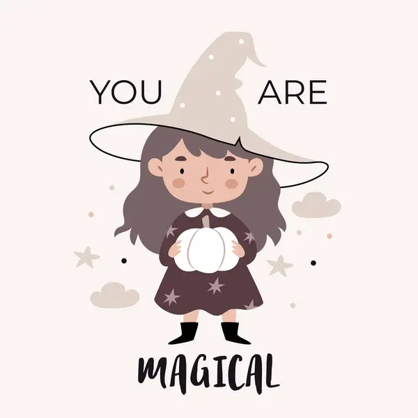 Balkabağı mesajlı küçük cadı. Büyüleyicisin. Sevimli çizgi film Bohem İskandinav bebek odası posterleri bej ve gri renklerde. Boho vektör baskısı 