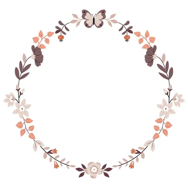 Kelebekli yuvarlak çiçek çerçevesi. Bej ve gri renkli şirin Bohem Scandi bebek odası posterleri. Boho vektör baskısı