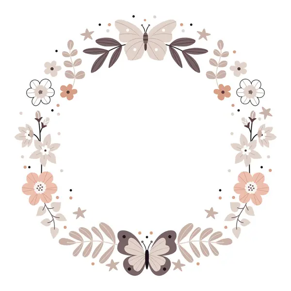 Kelebekli yuvarlak çiçek çerçevesi. Bej ve gri renkli şirin Bohem Scandi bebek odası posterleri. Boho vektör baskısı