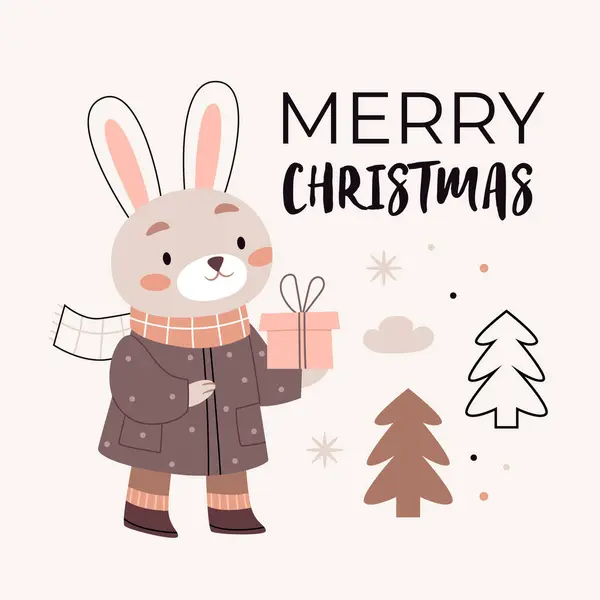 Tavşan bir hediye tutuyor. Mutlu Noeller mesajı at. Sevimli çizgi film Bohem İskandinav bebek odası posterleri bej ve gri renklerde. Boho vektör baskısı