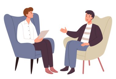 Bir adamın psikologuyla randevusu olan bir adam. Hastanın önünde oturan, onu dinleyen ve notlar alan bir erkek psikolog..