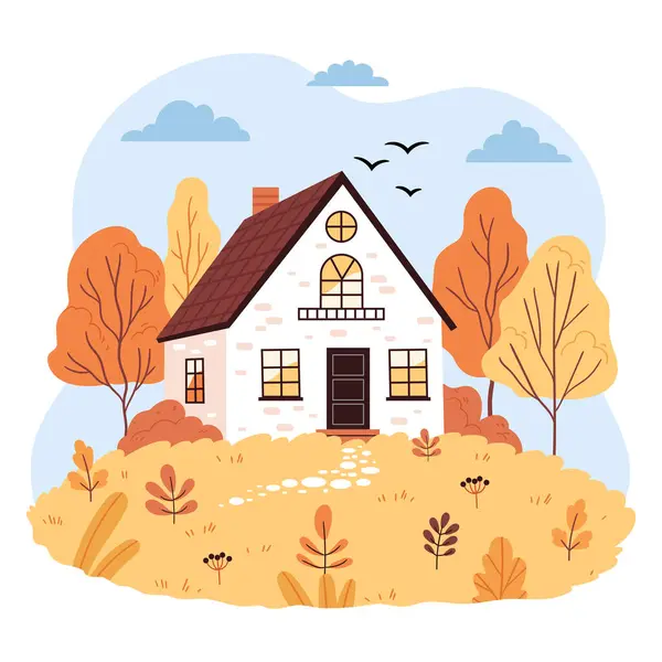 Güzel bir sonbahar evi. Sonbahar manzarası, kırsal manzara, sonbahar havası. Kırsal evler, rahat kır evleri çizimi. Düz vektör el çizimi.
