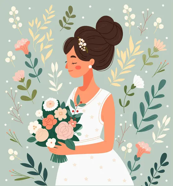 Güzel bir buketi olan gelin. Çiçekli turkuaz arkaplan.