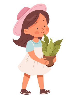 Elinde saksı olan pembe şapkalı bir kız. Bitkilerle ilgileniyor..