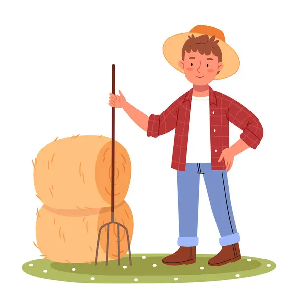 İş kıyafetleri içinde bir erkek çiftçi elinde yabayla duruyor ve saman topluyor. Elinde saman aleti olan çiftçi tarladan kuru ot topluyor..