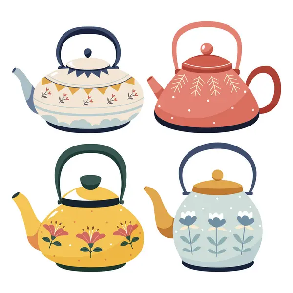 Şirin çaydanlık koleksiyonu. Sıcak çay demlikleri, çaydanlıklar, mutfak gereçleri, çiçekli çanak çömlek tasarımları, desenler. Çay takımı. Bitki, bitki çayı.