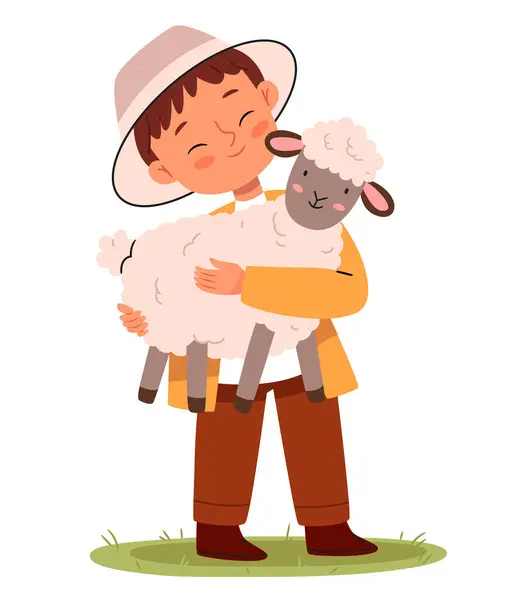 Çoban çocuk koyunlara sarılıyor. Çiftlik hayvanları.