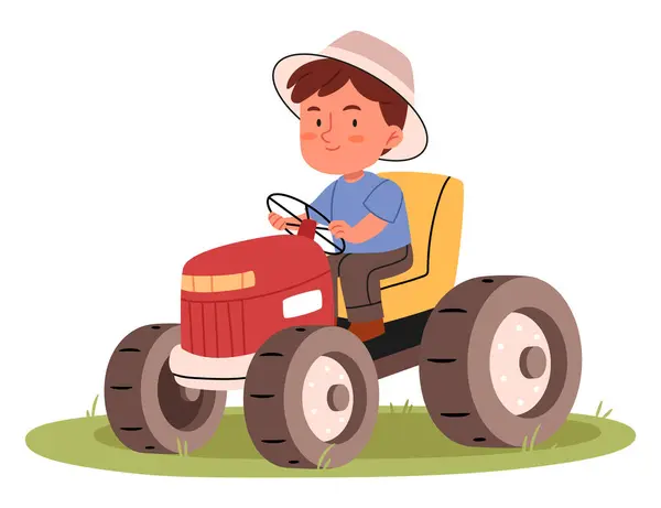 Çiftçi çocuk traktör kullanıyor. Kırsal tarım makinesi işçisi beyaz arka planda izole edilmiş.