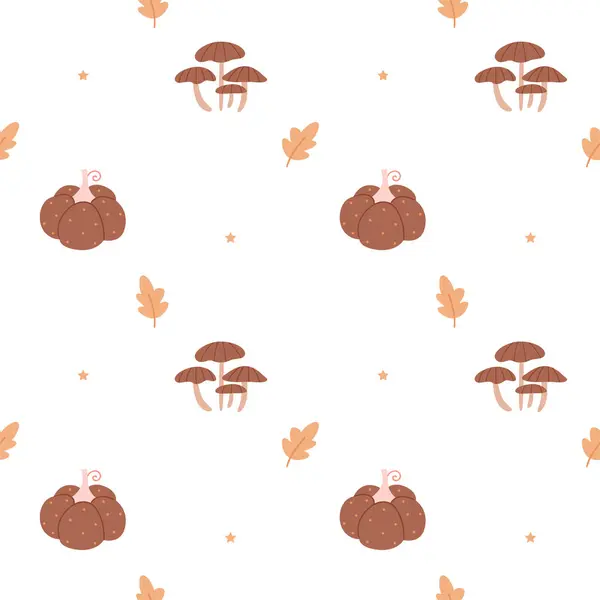 Sonbahar pürüzsüz desen. Mantarlar, yıldızlar, balkabakları ve yapraklar beyaz arka planda.