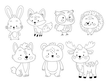 Tatlı bebek orman hayvanı vektörü doğrusal olarak ayarlanmış. Boyama kitabı. Tavşan, tilki, baykuş, kirpi, ayı, kurt, geyik. Çocuk odası için yazdırma.