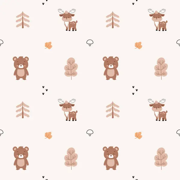 Minimalist orman ayıları, geyikler, yapraklar, Noel ağaçları, ağaçlar, çamlar, İskandinav tarzında basit, rahat bir sonbahar deseni..