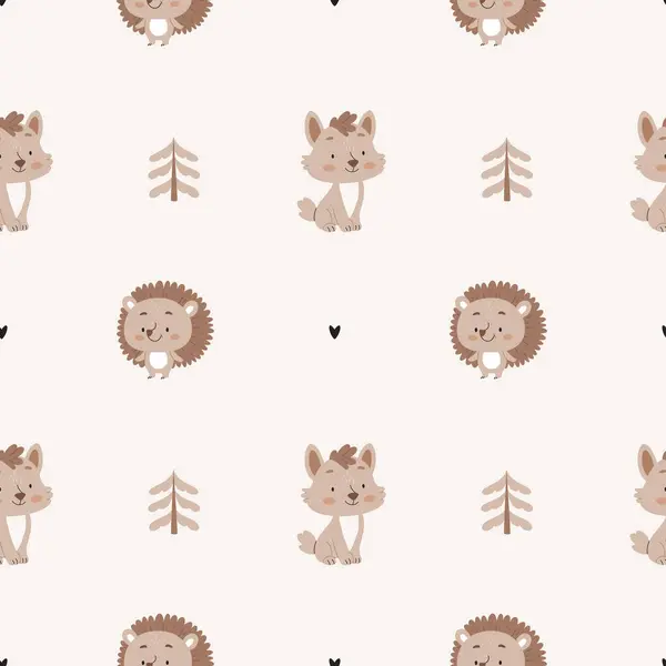 Minimalist bir orman kirpisi, kurt, yapraklar, Noel ağaçları, ağaçlar, çam ağaçları, İskandinav tarzı grafik elementler deseninde basit, rahat, sonbahar deseni..