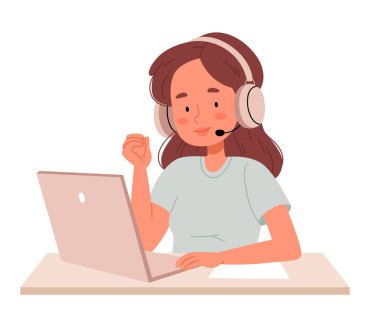 Kulaklıklı, mikrofonlu bir kız çağrı merkezinde çalışıyor. Web sitesi için düz illüstrasyon.