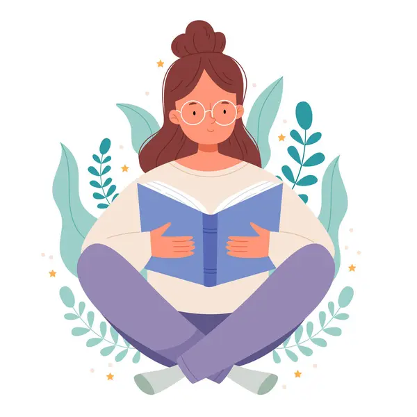 Kız bir kitap okuyor. Okuma konsepti. Eğitim, çiçeklerle ilgili gelişim konsepti.