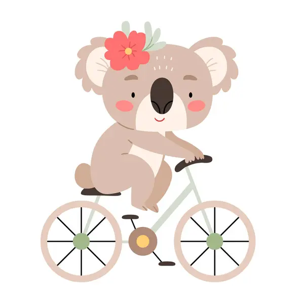 Şirin bir koala bisiklet sürer. Pastel renklerde İskandinav tarzında çocuk resimleri.
