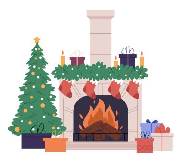 Noel şöminesi, ağaç ve hediyeler. Oyuncak ve çelenkle süslenmiş Xmas ağacı ve yerde hediye kutuları olan rahat ev içini gösteren vektör karikatür çizimi.