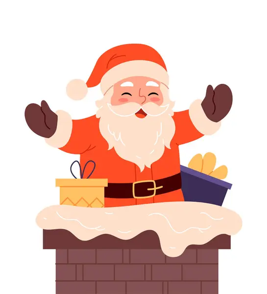 Bacasında hediyeler olan Noel Baba. Çatıdaki bacada bir çanta dolusu hediye.