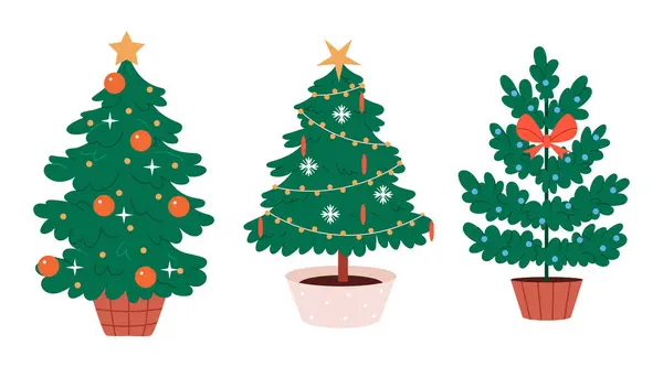 Bir dizi Noel ağacı. El çizimi, köknar ağacı, Noel süsleri, yıldızlar ve kar taneleriyle kış arkaplanı..