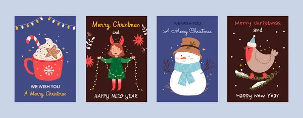 Noel ve Yeni Yıl posterleri, kartlar. Karakterler, dekorasyonlar, kardan adam, sıcak içecek, kırmızı kupa. Çocuksu tebrik kartı koleksiyonu. Yeni yıl daveti, afiş