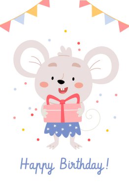 Çocukların doğum günü kartı ya da posteri. Fare hediye tutuyor. Konfeti.