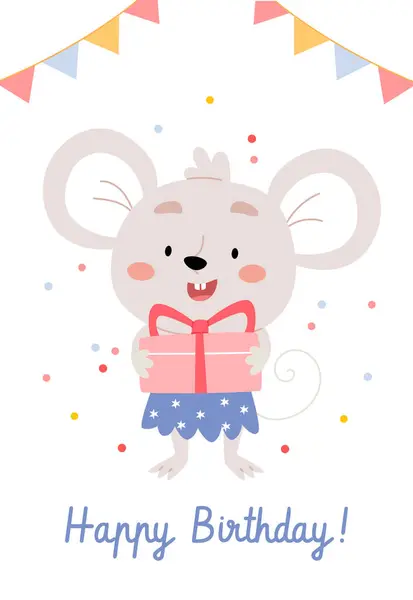 Çocukların doğum günü kartı ya da posteri. Fare hediye tutuyor. Konfeti.