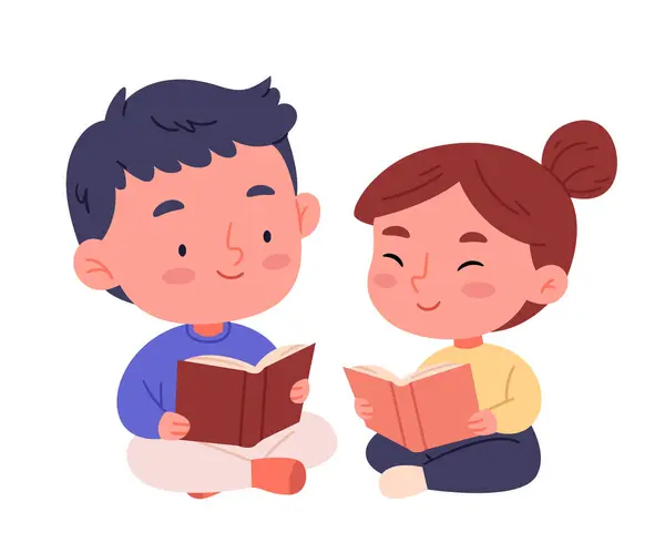 Çocuklar kitap okur. Sevimli erkek ve kız rahatlar ve kitap okumaktan zevk alırlar. Çocuklar kitap okuyor. Sevimli kız ve erkek rahatlıyor ve kitap okumaktan zevk alıyorlar.. 