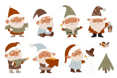 Bir grup Noel cücesi. Kardan adam, fener, yıldızlar, kakao, hediye, Noel ağacı, dekor, ispinoz.