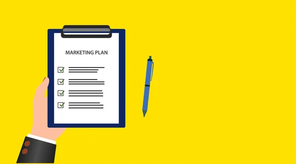 Frau Besitz Von Marketingplan Marketing Plan Action Target Idea Concepts — Stockvektor