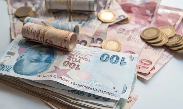 Banconote Lira Turca Economia Concept Lire Turche Sullo Sfondo Focus — Foto Stock