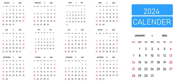 Календар 2024 Року Параметр Англійської Мови Тиждень Починається Неділі — стоковий вектор