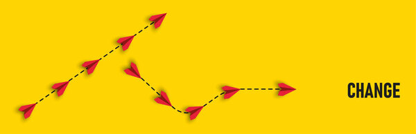 paper airplanes. red airplane changing path It is moving towards change. business creativity new idea discovery innovation technology. new year idea concept